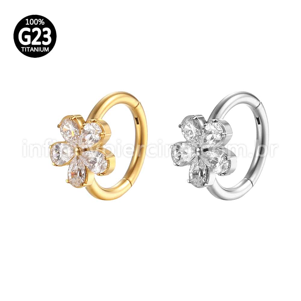 Piercing Argola Titânio Segmento Articulado Flor 5 Pedras
